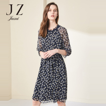 JUZUI/玖姿2018夏装新款七分袖收腰碎花雪纺连衣裙中长款图片