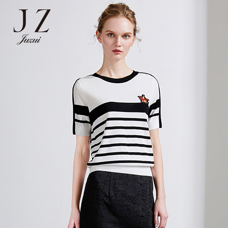 JUZUI/玖姿旗舰店短袖毛针织衫女2018夏新款贴布时尚打底上衣商品大图