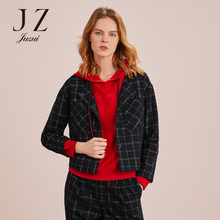 JUZUI/玖姿旗舰店女装2018秋装新款暗扣羊毛格纹黑色短外套女图片