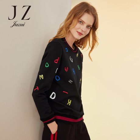 JUZUI/玖姿旗舰店2018冬装加绒字母绣花套头长袖卫衣女上衣商品大图