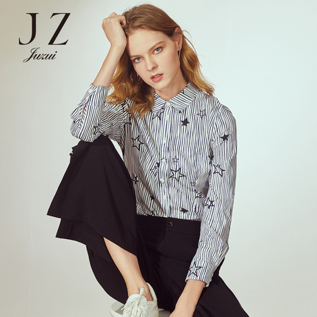 JUZUI/玖姿旗舰店2018冬装新款修身星星印花竖条纹上衣女衬衫商品大图