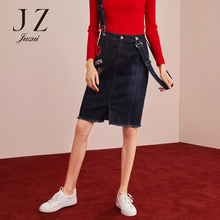 JUZUI/玖姿旗舰店2018秋装新款绣花贴布水洗牛仔背带女中长裙图片