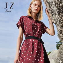 JUZUI/玖姿旗舰店2018夏装新款翻领碎花中长款腰带时尚连衣裙图片