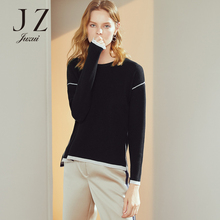JUZUI/玖姿旗舰店2018冬装撞色拼接针织衫女前短后长羊毛毛衣图片