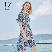 【刘涛代言】玖姿短袖雪纺连衣裙2018夏装新款女装圆领印花中长裙图片