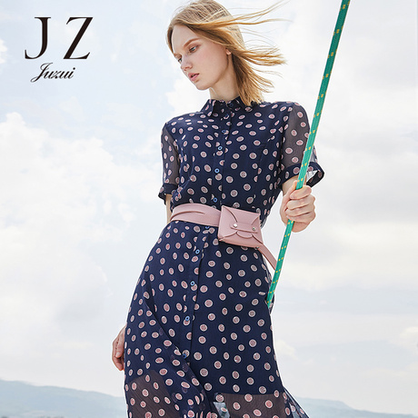 JUZUI/玖姿旗舰店2018夏装翻领时尚波点衬衫微透雪纺连衣裙女商品大图