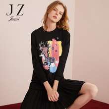 JUZUI/玖姿旗舰店2018秋装新款亮片胶印百褶连衣裙女中长款图片