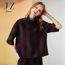 JUZUI/玖姿旗舰店2018冬装时尚竖条纹套头高领羊毛混纺针织衫图片