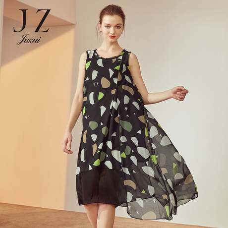 JUZUI/玖姿2018春装新款圆领几何图形印花无袖女装雪纺连衣裙商品大图