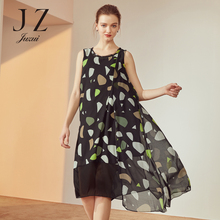 JUZUI/玖姿2018春装新款圆领几何图形印花无袖女装雪纺连衣裙图片
