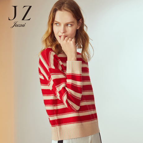 JUZUI/玖姿旗舰店2018冬装新款半高领条纹羊毛针织套头毛衣女商品大图