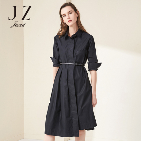 JUZUI/玖姿女裙2018春装新款长袖衬衫领中长纯色连衣裙女商品大图