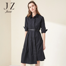 JUZUI/玖姿女裙2018春装新款长袖衬衫领中长纯色连衣裙女图片