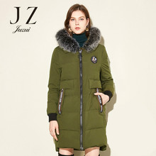 JUZUI-玖姿旗舰店2017冬季新款连帽长袖贴布拉链中长款轻羽绒服女图片