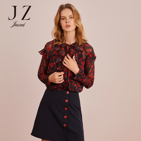 JUZUI/玖姿旗舰店2018秋装新款荷叶边飘带印花雪纺衫女上衣商品大图