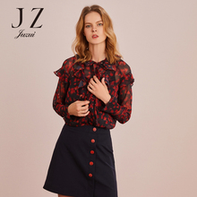 JUZUI/玖姿旗舰店2018秋装新款荷叶边飘带印花雪纺衫女上衣图片