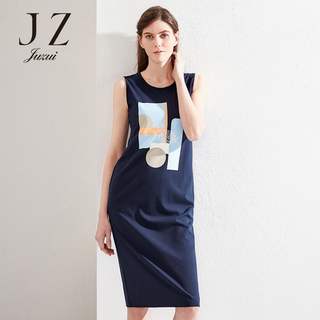 JUIZUI/玖姿品牌女装2018夏新款印花运动休闲中长款无袖连衣裙女商品大图