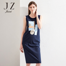 JUIZUI/玖姿品牌女装2018夏新款印花运动休闲中长款无袖连衣裙女图片