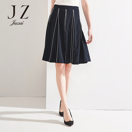 JUZUI/玖姿旗舰店竖条百褶裙中腰腰裙女装2018夏装新款半身裙商品大图