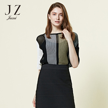 JUZUI/玖姿2018春季新款时尚宽松条纹衫五分袖微弹针织上衣女图片