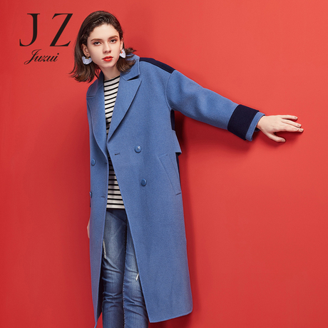 预售 JUZUI/玖姿2018冬装双排扣羊毛拼接双面呢长款大衣女商品大图