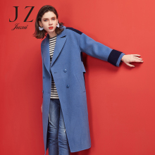 预售 JUZUI/玖姿2018冬装双排扣羊毛拼接双面呢长款大衣女图片