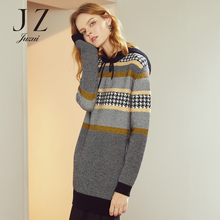 JUZUI/玖姿旗舰店2018冬装休闲连帽长款渐变拼接针织毛衣女图片