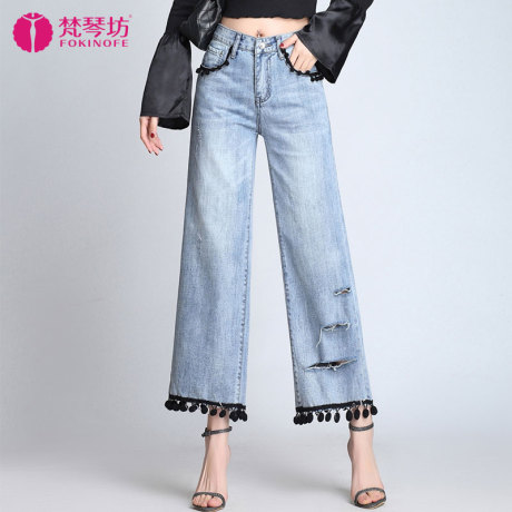 梵琴坊高腰收腹时尚破洞牛仔女裤春夏新款2018宽松阔腿胖mm九分裤商品大图