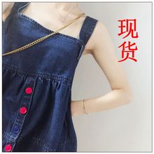 」夏季背带短款 「减龄牛仔娃娃衫 上衣女牛仔褶皱蓬蓬吊带背心