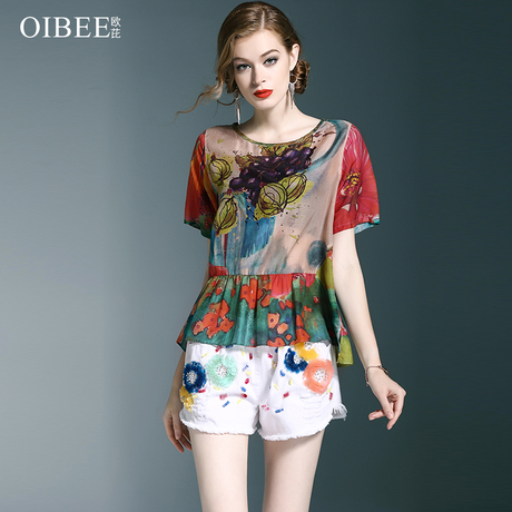 OIBEE2018夏季女装新款时尚印花短袖雪纺衫韩版宽松娃娃版短上衣商品大图