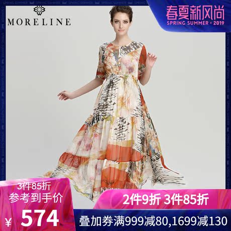 MORELINE沐兰夏季新款时尚清爽印花熟女短袖圆领真丝长款连衣裙女商品大图