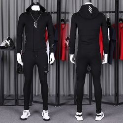 男士套装春季2019新款卫衣男连帽套头休闲男士迷彩套装运动卫衣潮