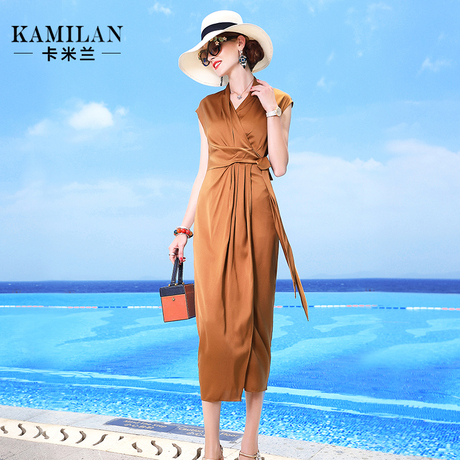 KAMILAN 卡米兰2018夏季新款无袖桑蚕丝连衣裙女系带真丝中长裙商品大图