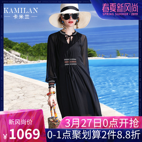 KAMILAN 卡米兰2019夏季新款真丝连衣裙女宽松中长款长袖沙滩裙商品大图