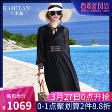 KAMILAN 卡米兰2019夏季新款真丝连衣裙女宽松中长款长袖沙滩裙图片