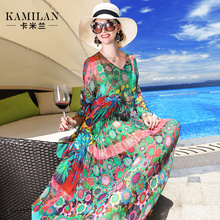 KAMILAN 卡米兰2018夏季新款真丝连衣裙女宽松七分袖印花中长裙图片