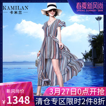 KAMILAN 卡米兰2018夏季新款印花真丝连衣裙女宽松不规则中长裙图片