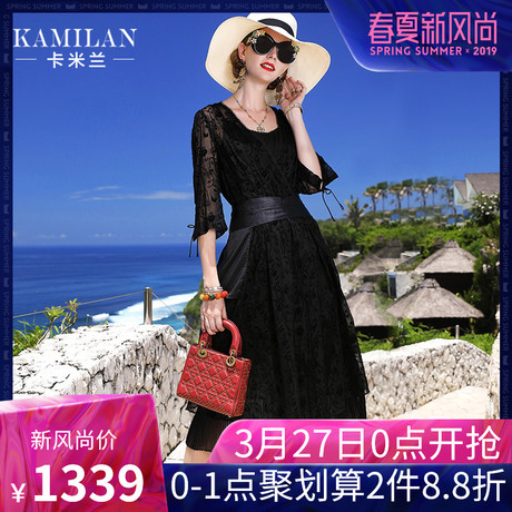 KAMILAN 卡米兰真丝连衣裙女夏季2019新款七分袖植绒花中长裙商品大图