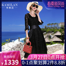 KAMILAN 卡米兰真丝连衣裙女夏季2019新款七分袖植绒花中长裙图片
