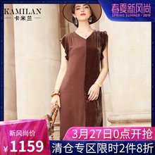 KAMILAN 卡米兰2018秋季新款V领真丝连衣裙女短袖宽松拼接中长裙图片