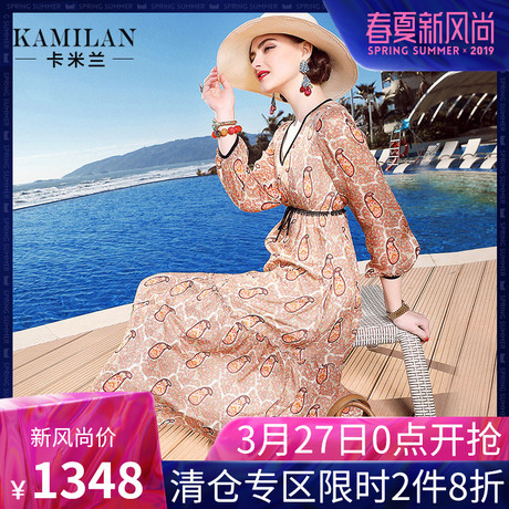 KAMILAN 卡米兰2018春季新款V领印花真丝连衣裙女九分袖中长裙商品大图