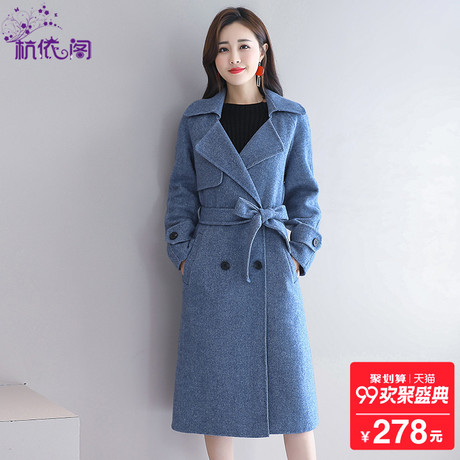毛呢外套女中长款2018秋装新款韩版女装秋冬季双排扣系带呢子大衣商品大图