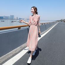 夏季中长款 过膝小清新流行蓝色裙子女 红色波点雪纺连衣裙2019新款