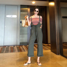 高腰阔腿背带裤 朵拉潮人馆 女夏 港味复古chic一字领格子露肩上衣