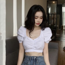 港味复古chic方领泡泡袖 气质修身 露脐上衣女 短款 衬衫 朵拉潮人馆