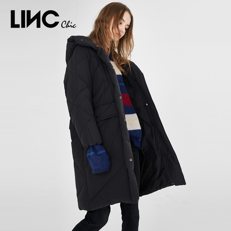 LINC金羽杰2018新款围裹感连帽设计长款面包羽绒服女宽松8424560商品大图