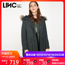 LINC金羽杰冬季新品街头铆钉大毛领X型羽绒服女中长款修身外套潮图片