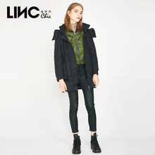 LINC金羽杰冬新款街头织带拼接连帽可拆卸羽绒服女中长款7470879图片