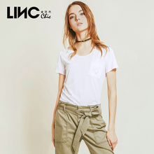 LINC金羽杰2018新款夏装烫钻自然卷边短袖T恤女短款圆领潮8231426图片