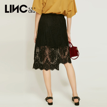 LINC金羽杰2018夏新款个性织带不规则下摆蕾丝拼接半裙女8221911图片